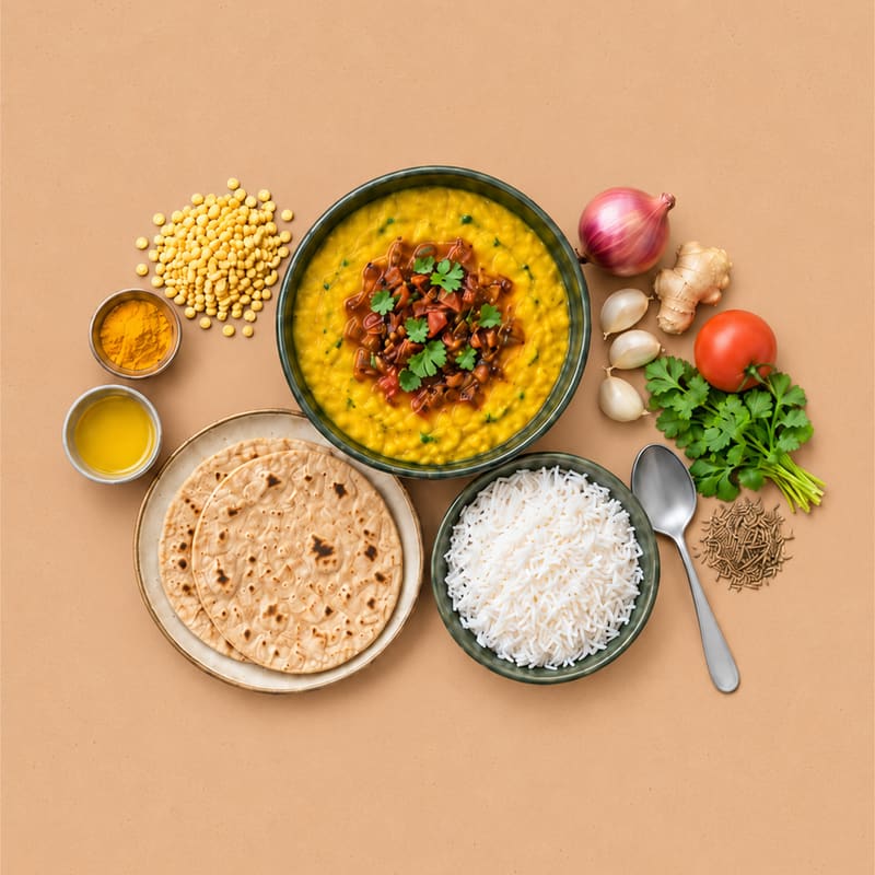 Dal Tadka, Chapati und Basmati-Reis von oben auf einer Terrakotta-Fläche, daneben Toor Dal, Kurkuma, Ghee, Zwiebel, Ingwer, Knoblauch, Tomate, Koriander und Kreuzkümmel