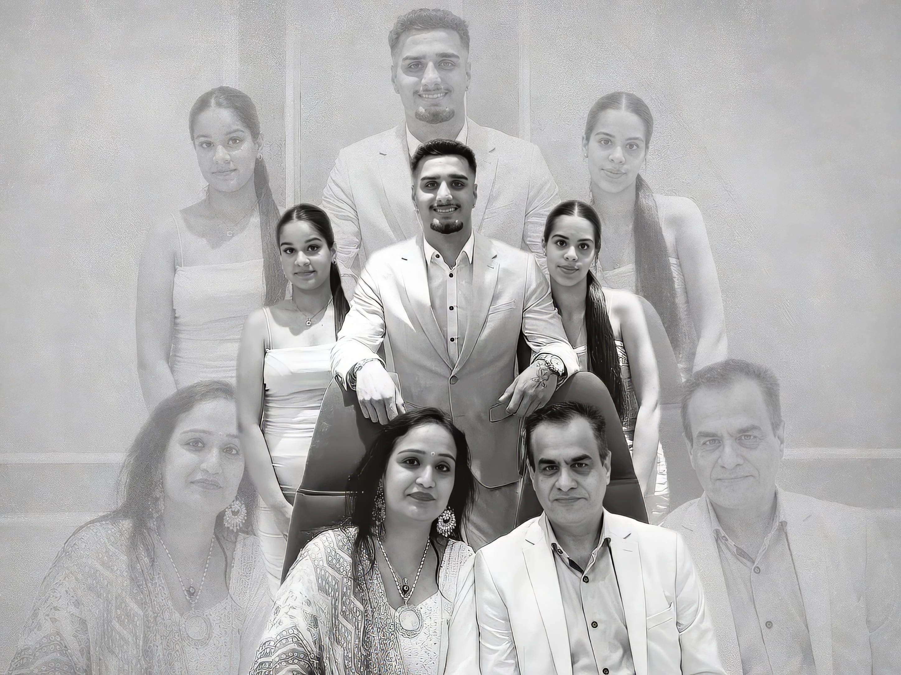 The five members of the Kapoor family, black-and-white photo